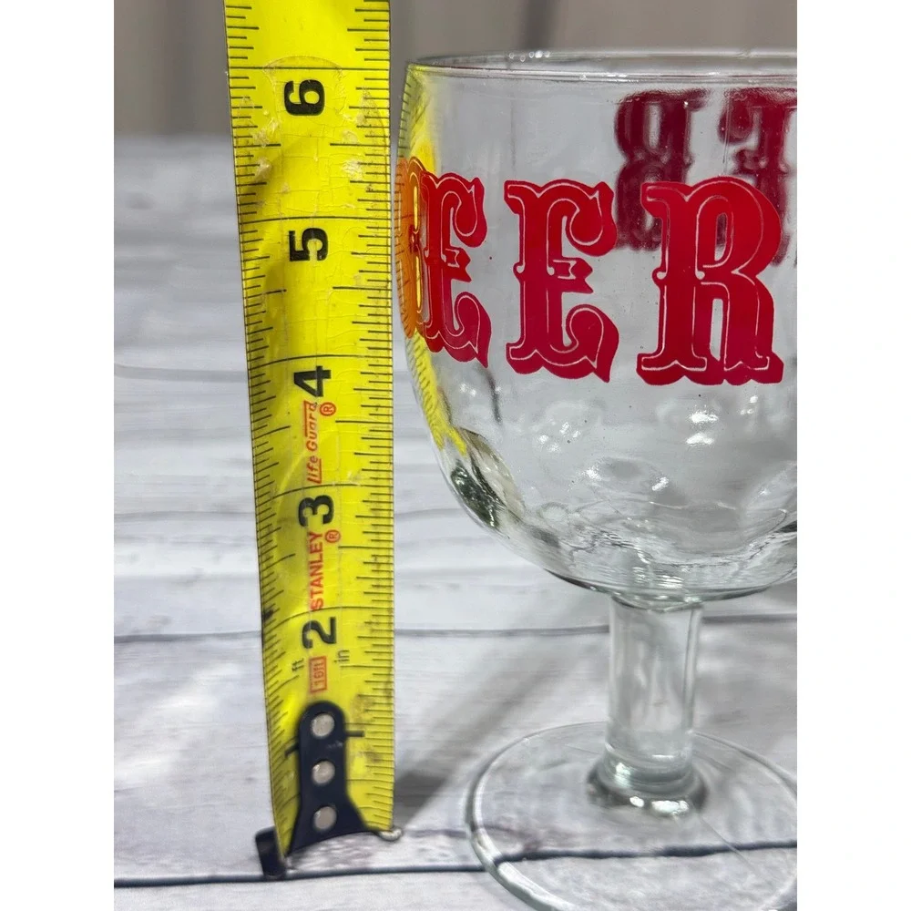 Vintage Beer Schooner Glass Red Western Graphic Heavy Stemmed Goblet 6.25in